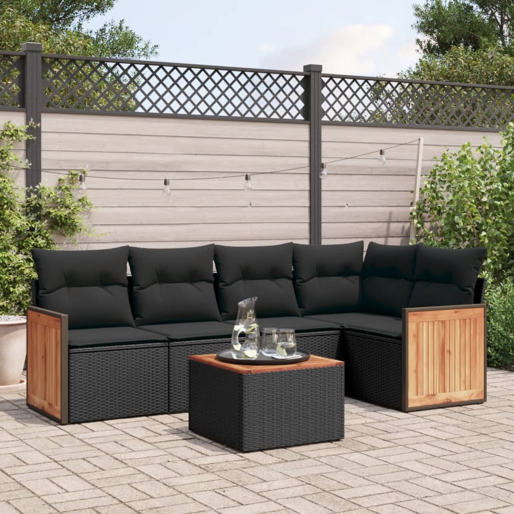 vidaXL 6-tlg. Garten-Sofagarnitur mit Kissen Schwarz Poly Rattan