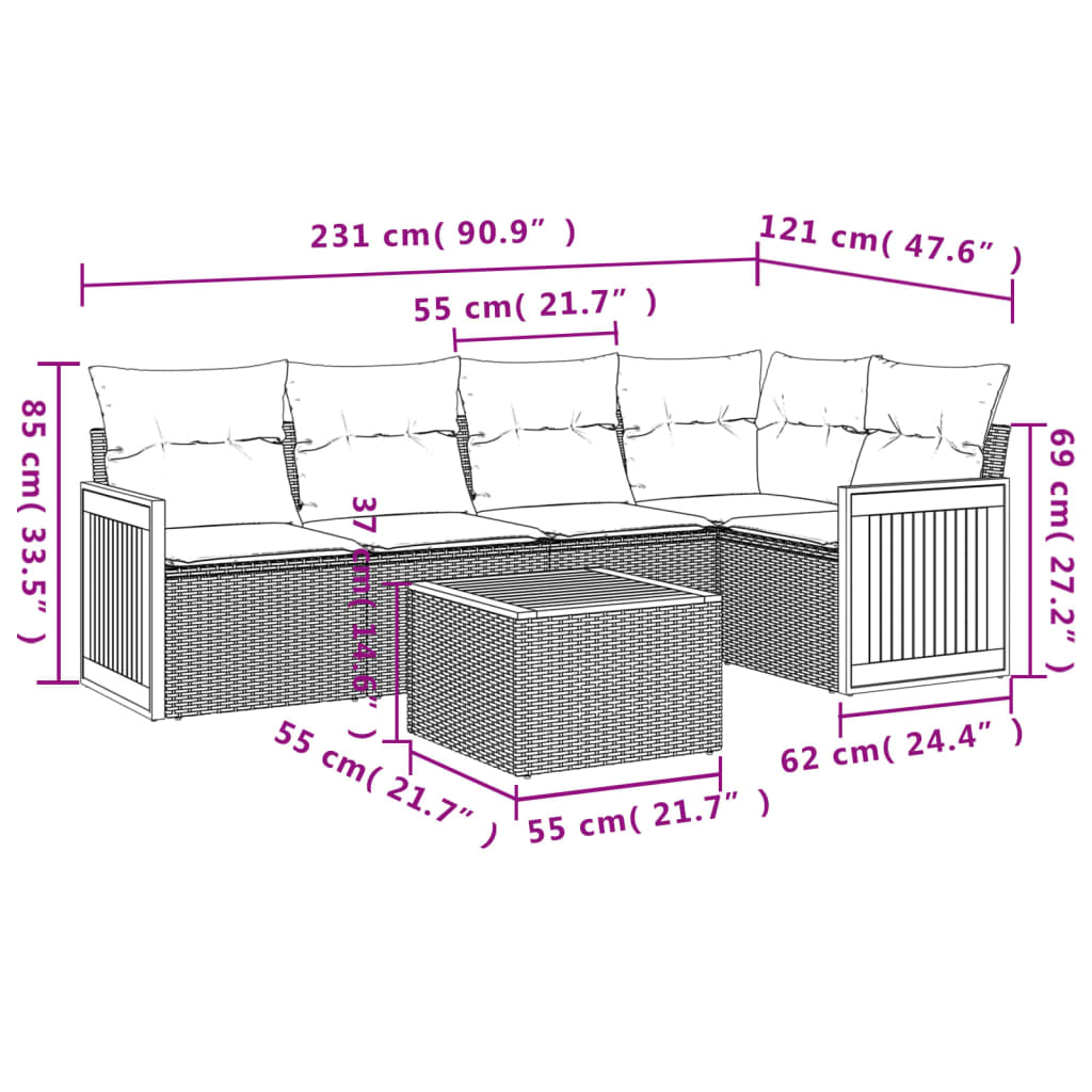Set mobilier de grădină cu perne, 6 piese, negru, poliratan 3260033 - imagine 3