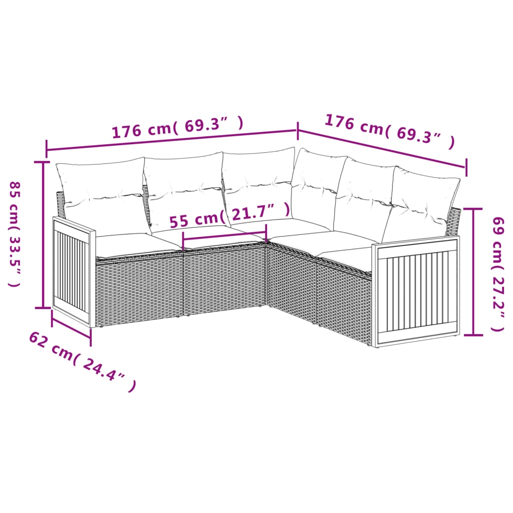 vidaXL 5-delige Loungeset met kussens poly rattan zwart afbeelding