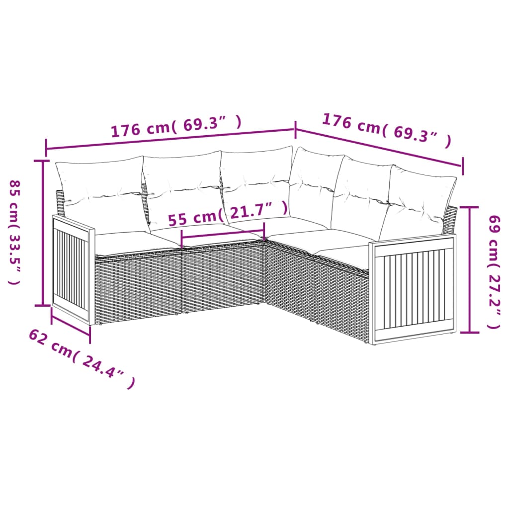 vidaXL 5-delige Loungeset met kussens poly rattan beige afbeelding