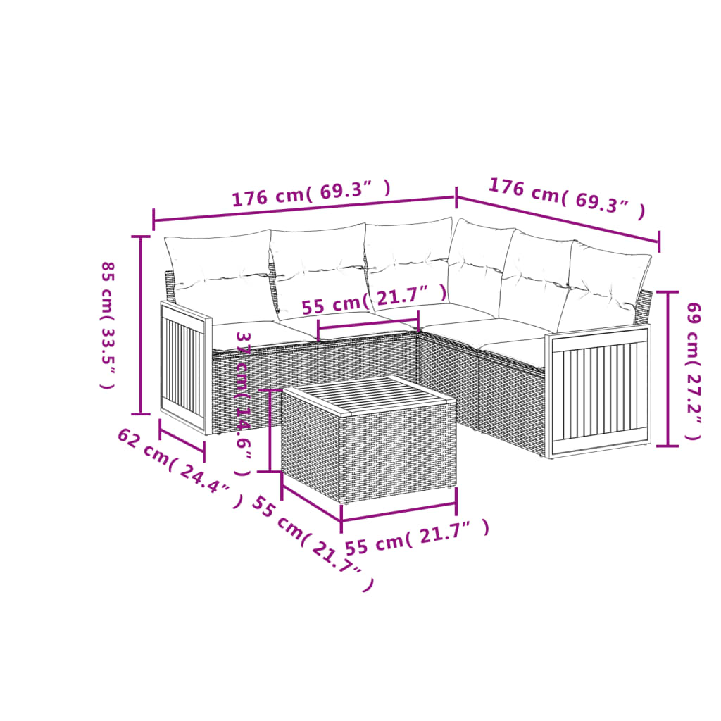 vidaXL 6-delige Loungeset met kussens poly rattan beige