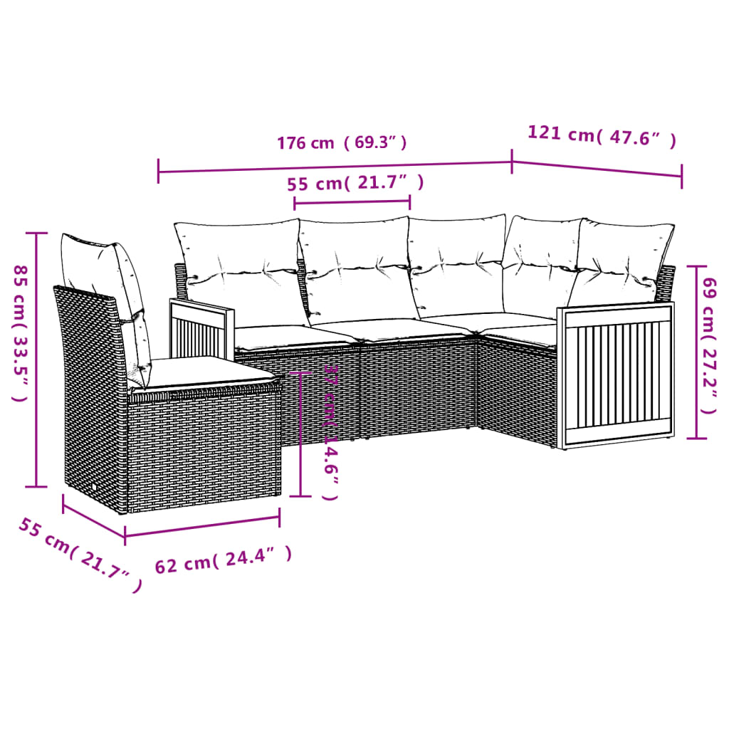 vidaXL 5-delige Loungeset met kussens poly rattan zwart afbeelding