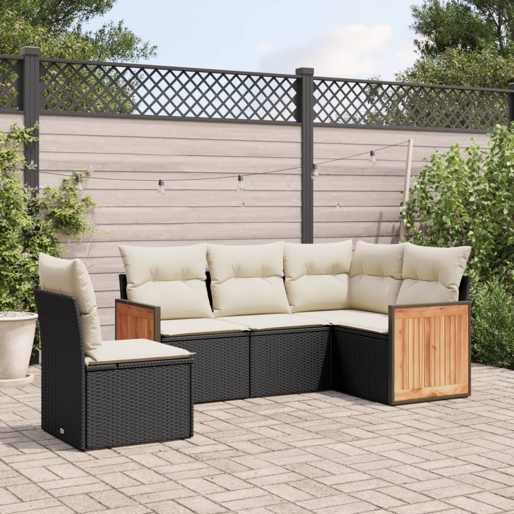 5-tlg. Garten-Sofagarnitur mit Kissen Schwarz Poly Rattan