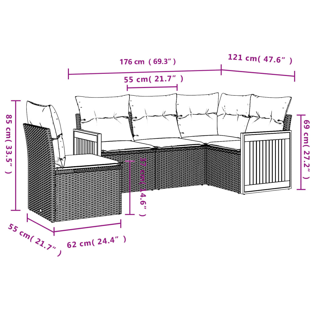 vidaXL 5-delige Loungeset met kussens poly rattan beige afbeelding