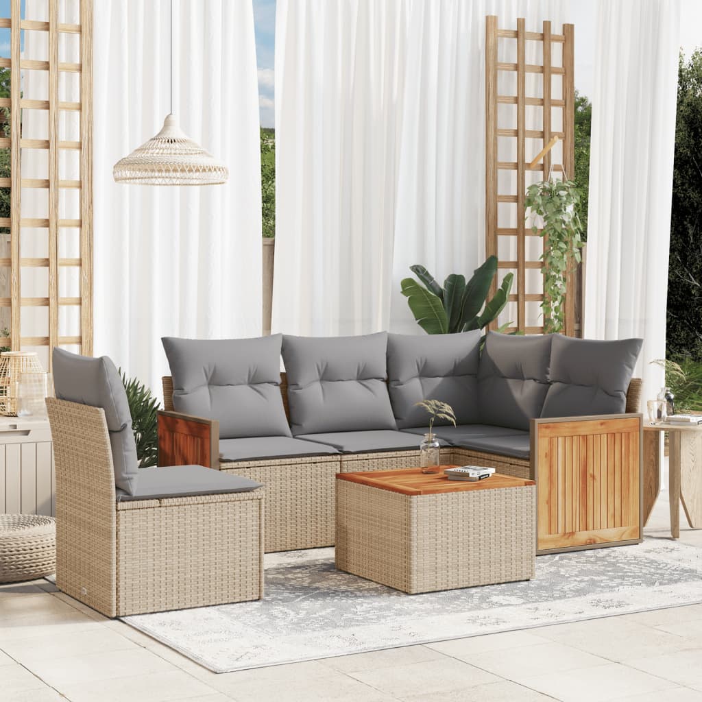 vidaXL 6-tlg. Garten-Sofagarnitur mit Kissen Beige Poly Rattan