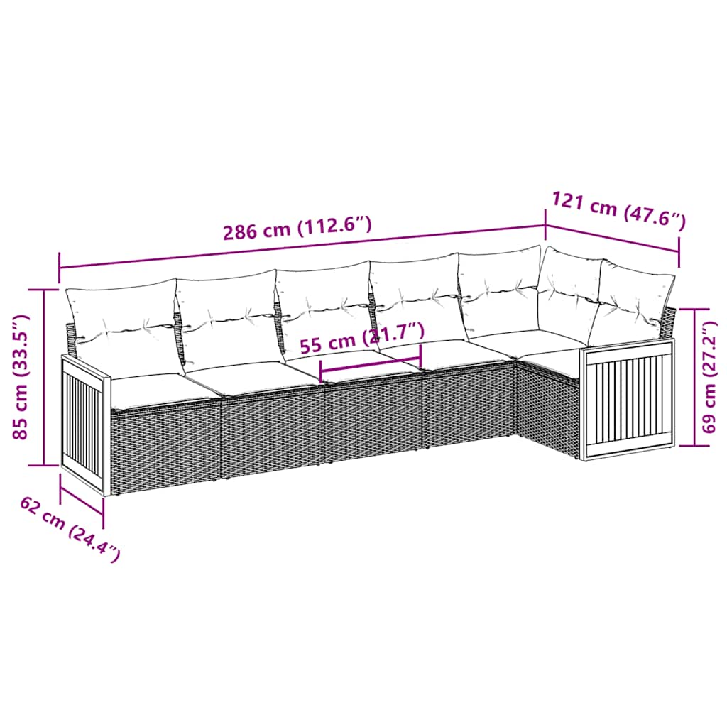 vidaXL 6-delige Loungeset met kussens poly rattan zwart afbeelding
