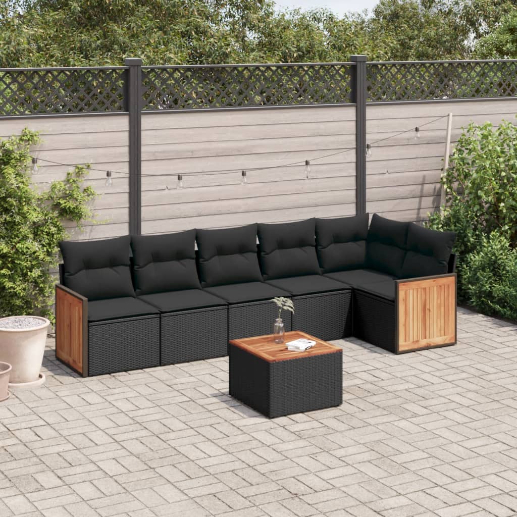 vidaXL 7-tlg. Garten-Sofagarnitur mit Kissen Schwarz Poly Rattan