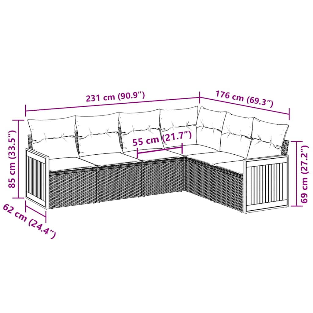 vidaXL 6-delige Loungeset met kussens poly rattan zwart afbeelding