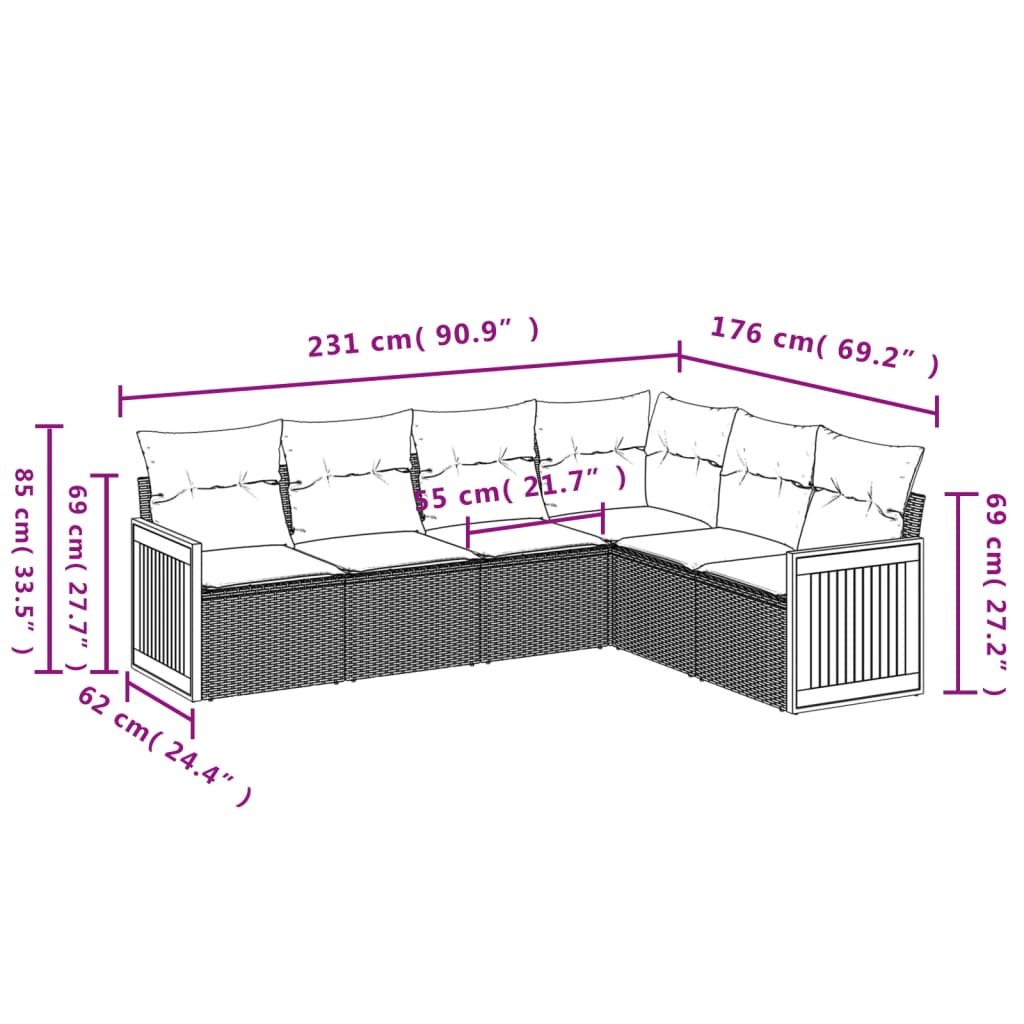 vidaXL 6-delige Loungeset met kussens poly rattan zwart afbeelding
