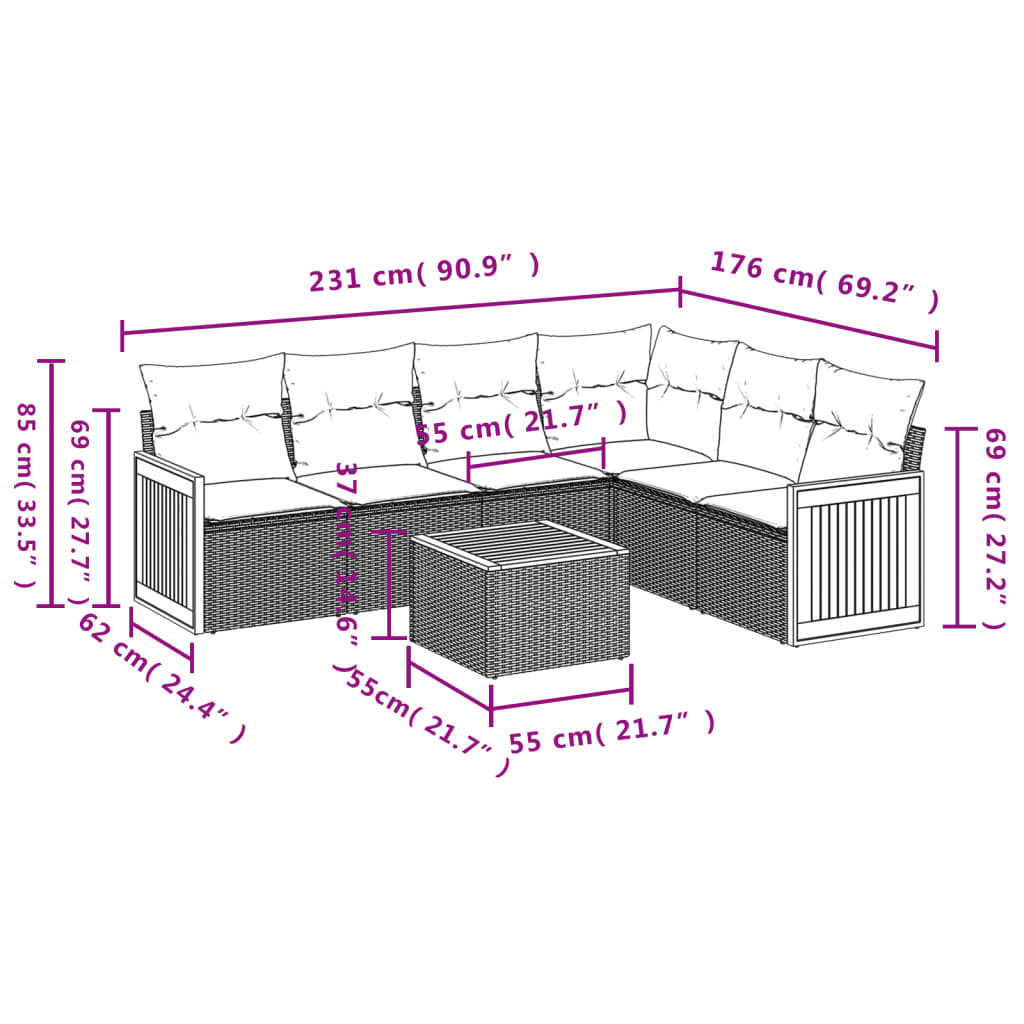 Set canapele de grădină cu perne, 7 piese, negru, poliratan 3260089 - imagine 3