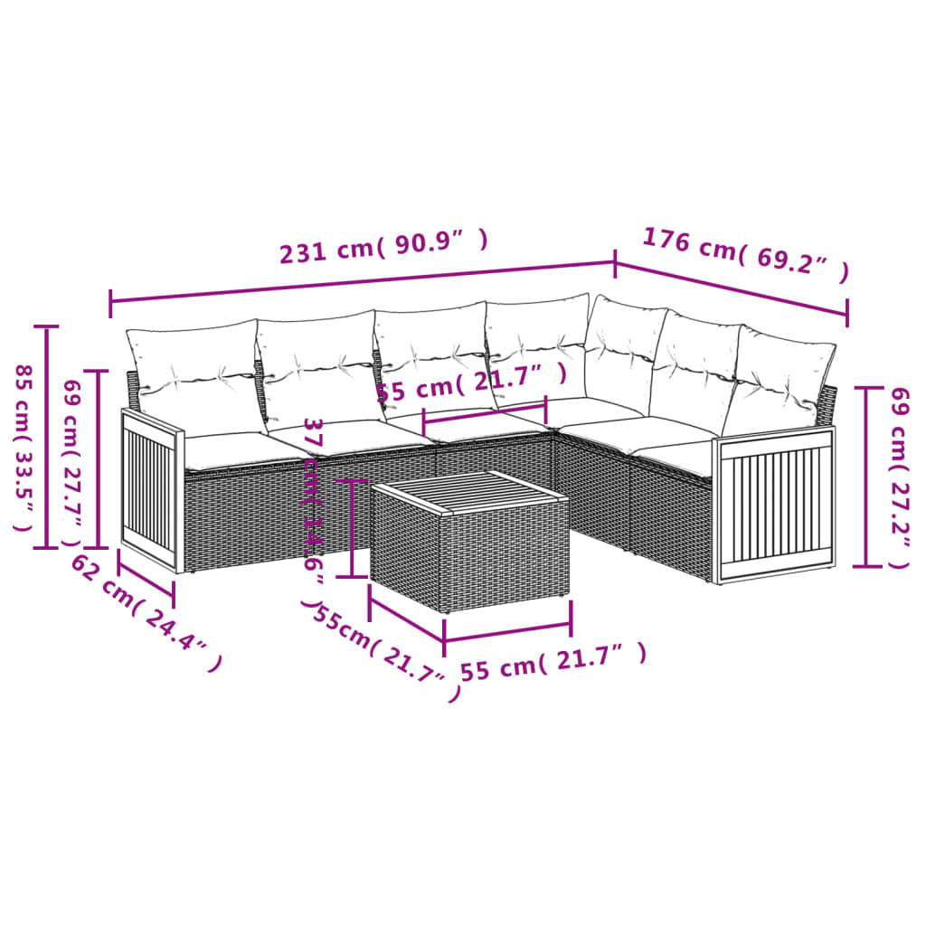 vidaXL 7-delige Loungeset met kussens poly rattan beige