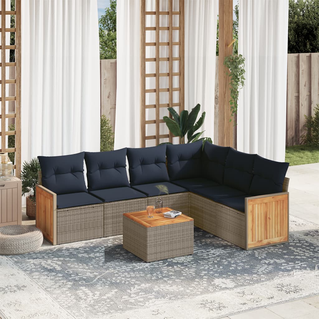 7-tlg. Garten-Sofagarnitur mit Kissen Grau Poly Rattan