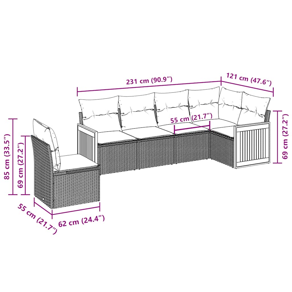 vidaXL 6-delige Loungeset met kussens poly rattan zwart afbeelding