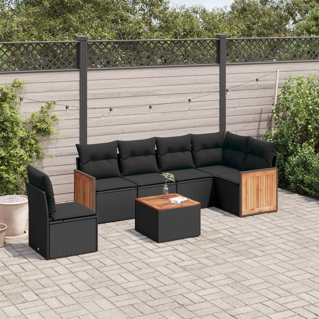 7-tlg. Garten-Sofagarnitur mit Kissen Schwarz Poly Rattan