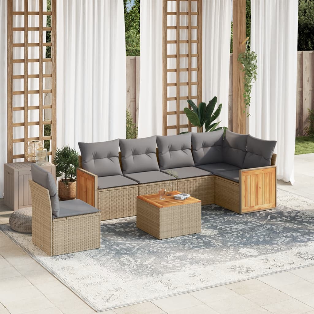 vidaXL 7-tlg. Garten-Sofagarnitur mit Kissen Beige Poly Rattan