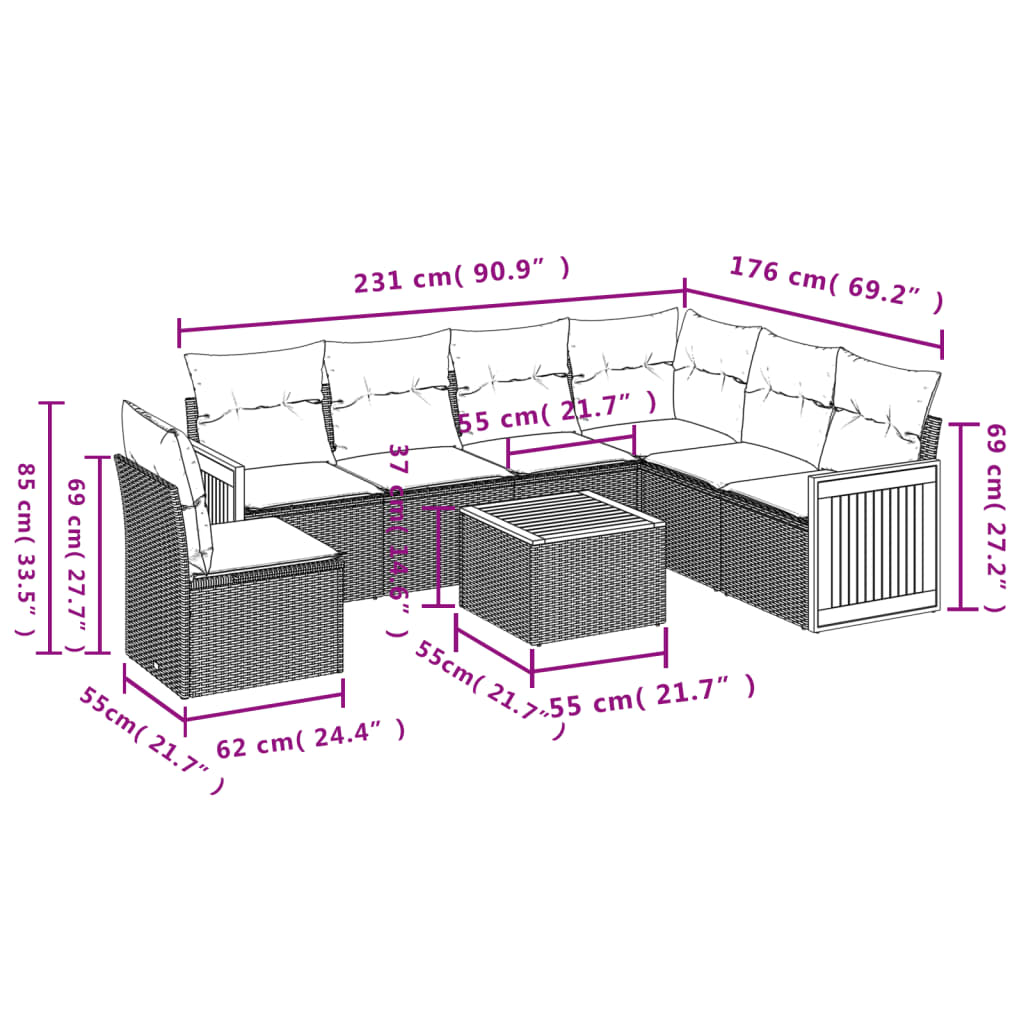 vidaXL 7-delige Loungeset met kussens poly rattan grijs afbeelding