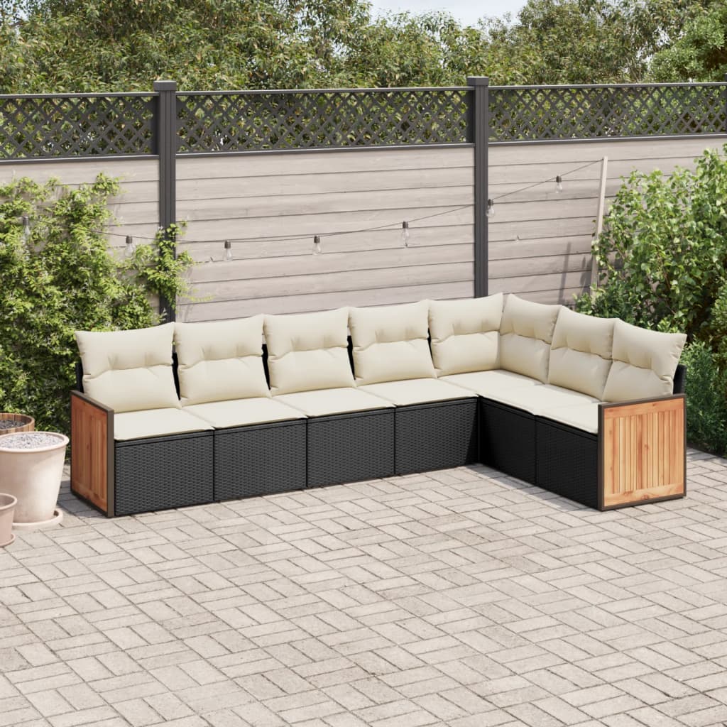 vidaXL 7-tlg. Garten-Sofagarnitur mit Kissen Schwarz Poly Rattan