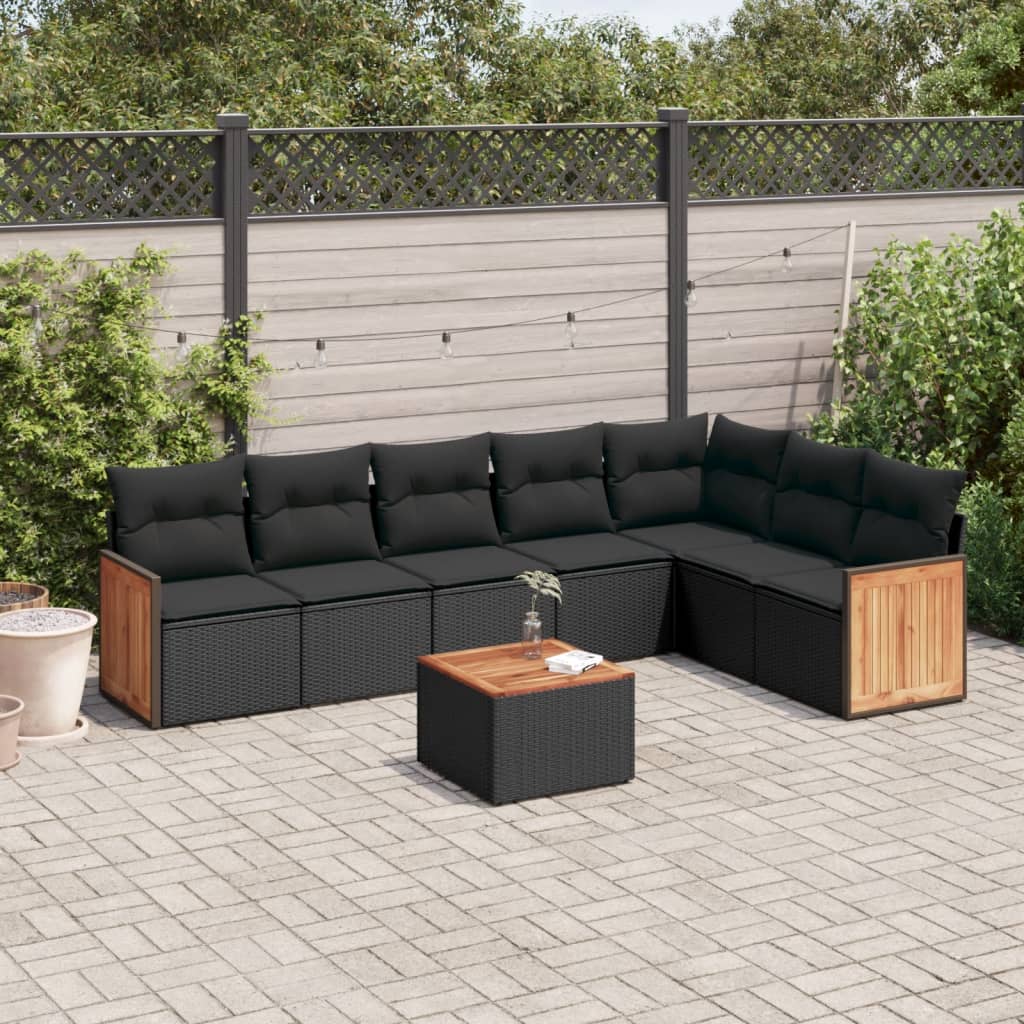 8-tlg. Garten-Sofagarnitur mit Kissen Schwarz Poly Rattan