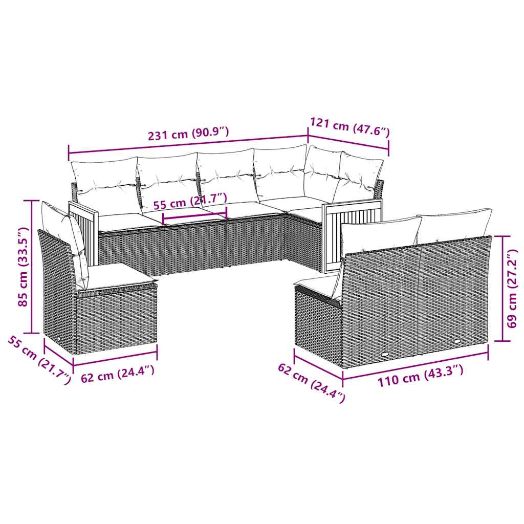 vidaXL 8-delige Loungeset met kussens poly rattan zwart afbeelding