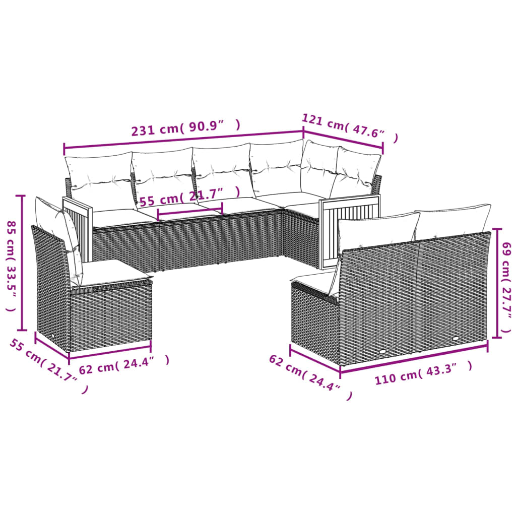 Thumbnail - vidaXL 8-tlg. Garten-Sofagarnitur mit Kissen Beige Poly Rattan