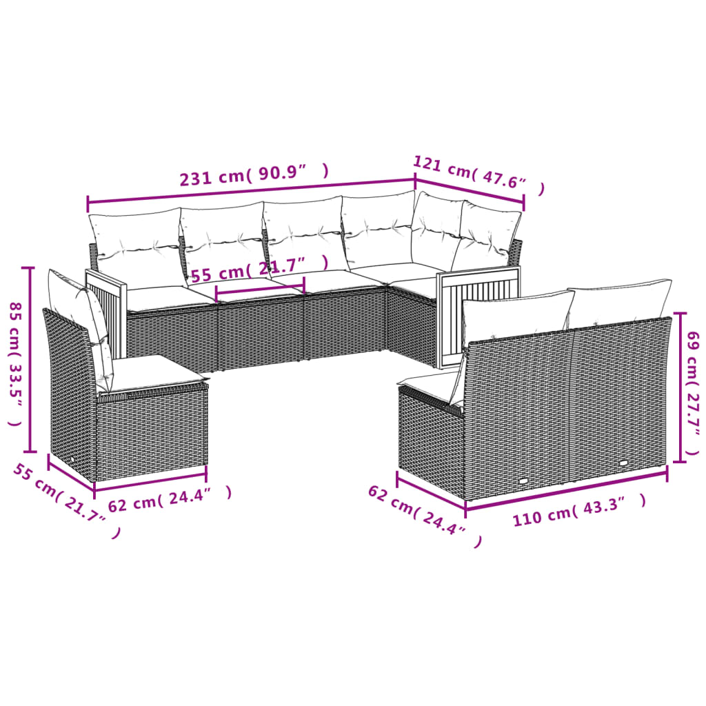 vidaXL 8-delige Loungeset met kussens poly rattan grijs afbeelding