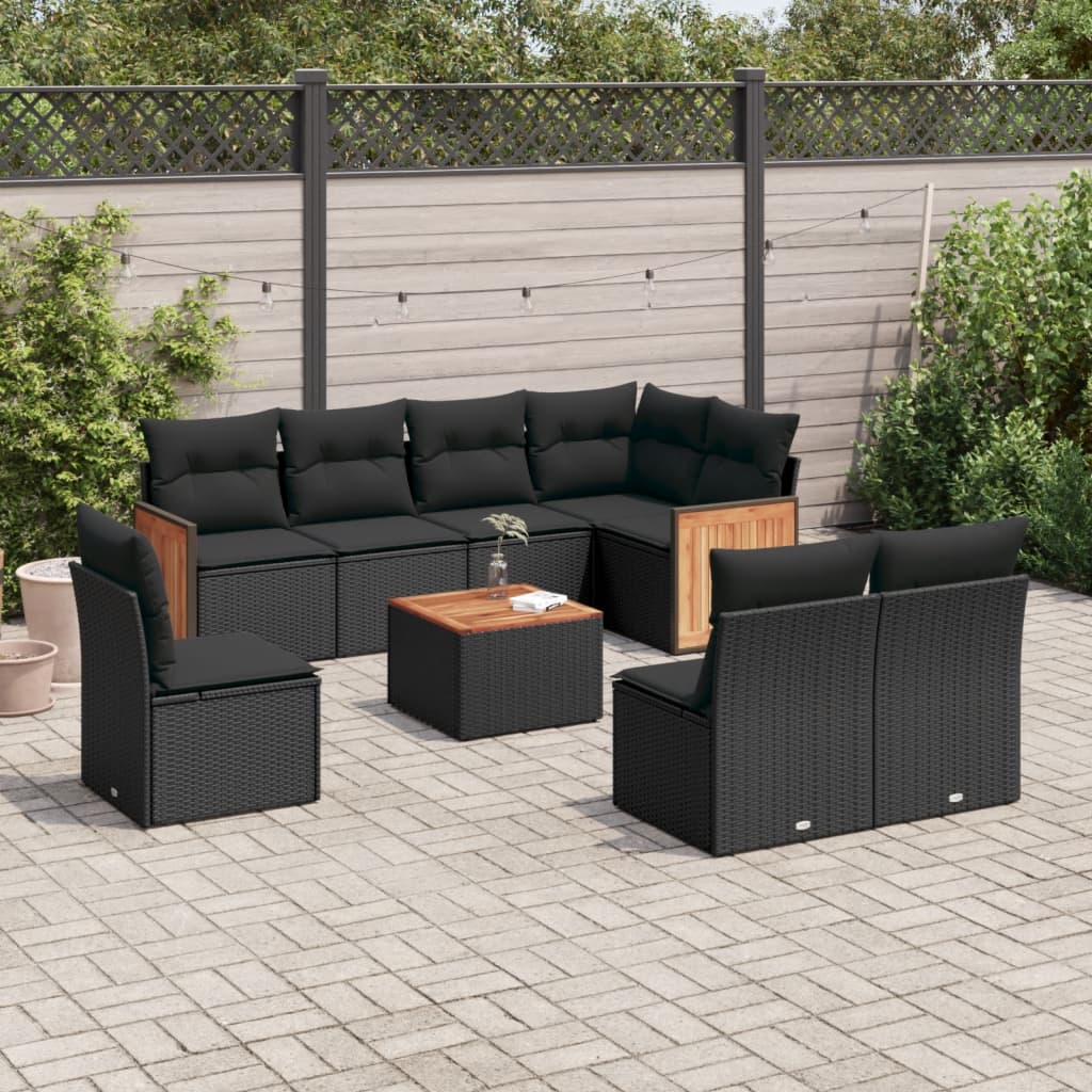 vidaXL 9-tlg. Garten-Sofagarnitur mit Kissen Schwarz Poly Rattan