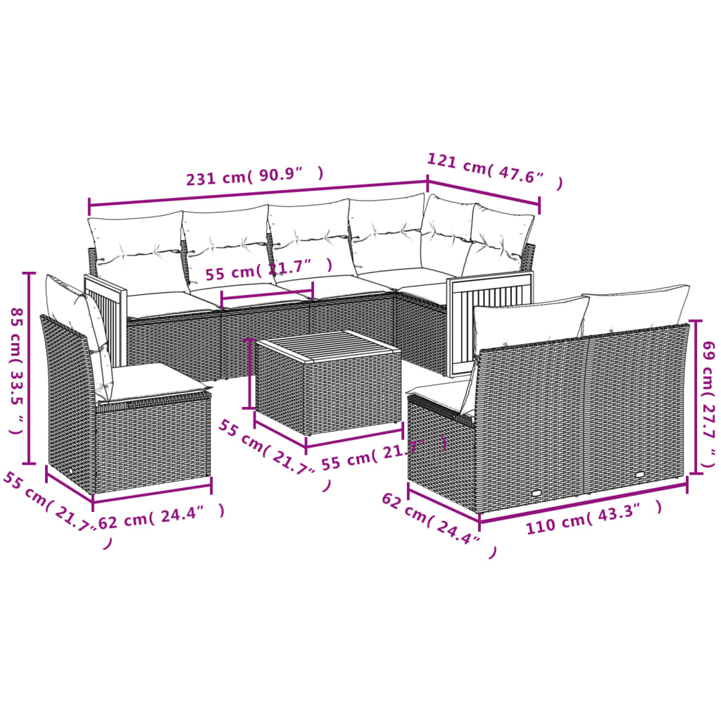 Set mobilier de grădină cu perne, 9 piese, negru, poliratan 3260131 - imagine 3