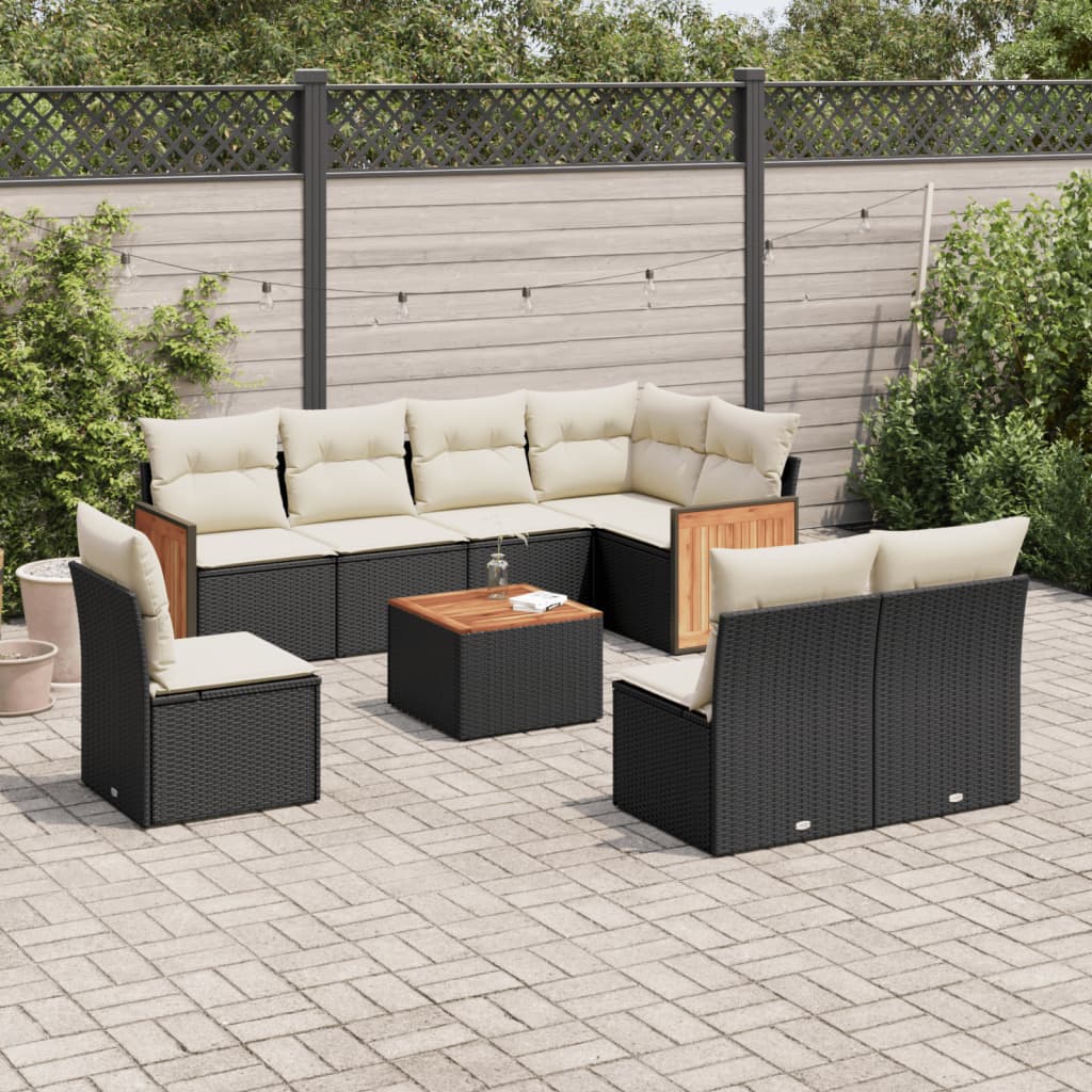 vidaXL 9-tlg. Garten-Sofagarnitur mit Kissen Schwarz Poly Rattan