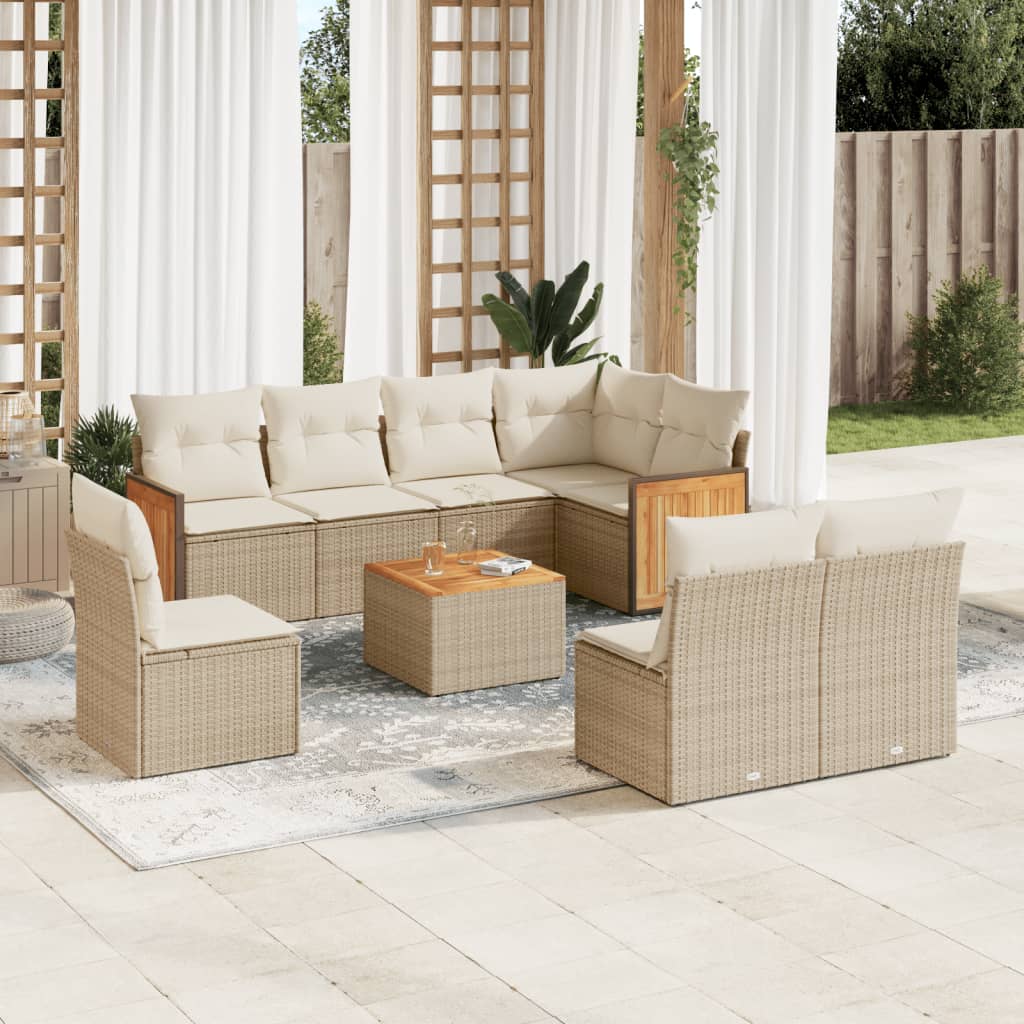 9-tlg. Garten-Sofagarnitur mit Kissen Beige Poly Rattan