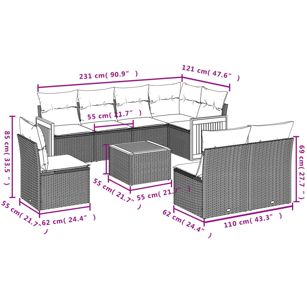 vidaXL 9-delige Loungeset met kussens poly rattan beige afbeelding