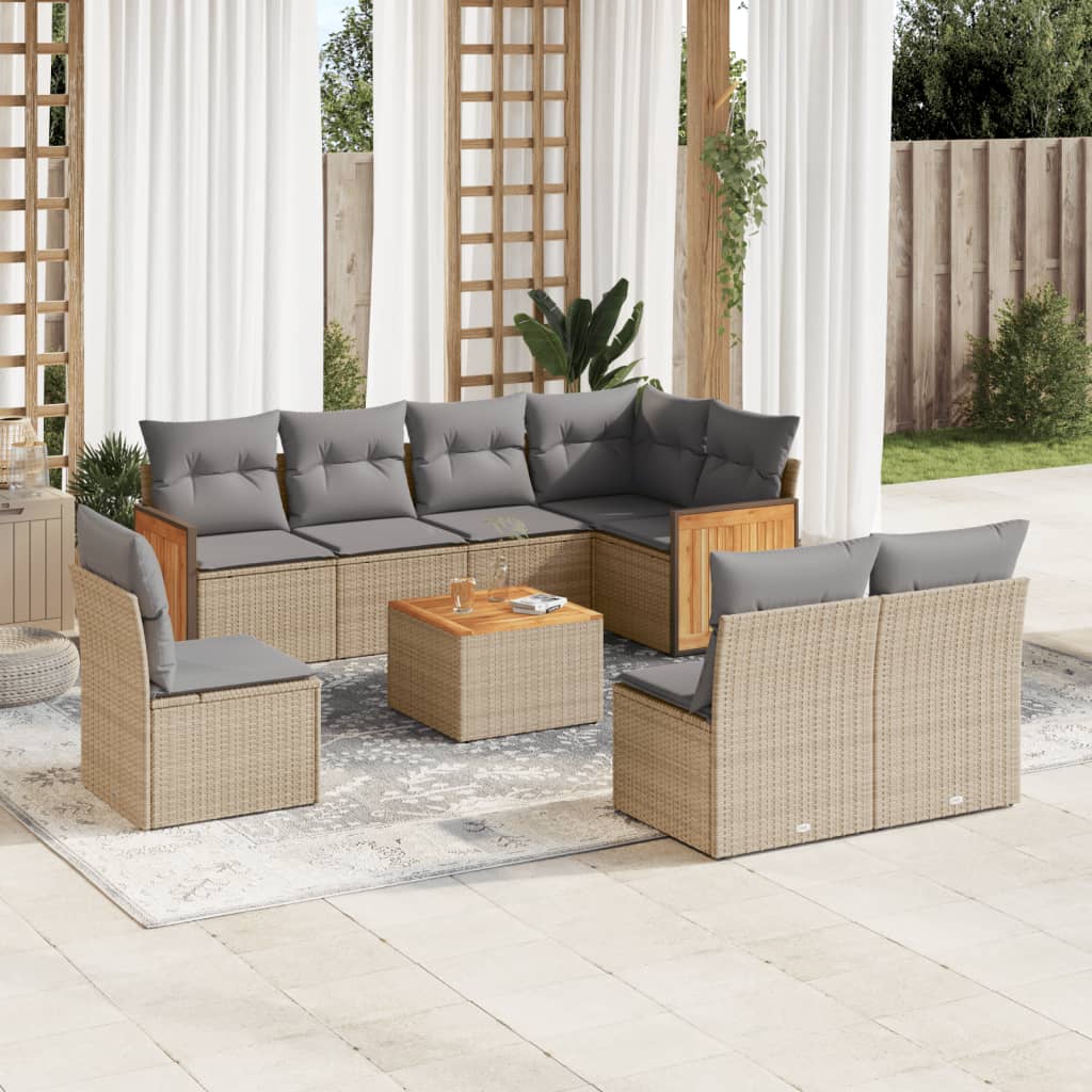 vidaXL 9-tlg. Garten-Sofagarnitur mit Kissen Beige Poly Rattan