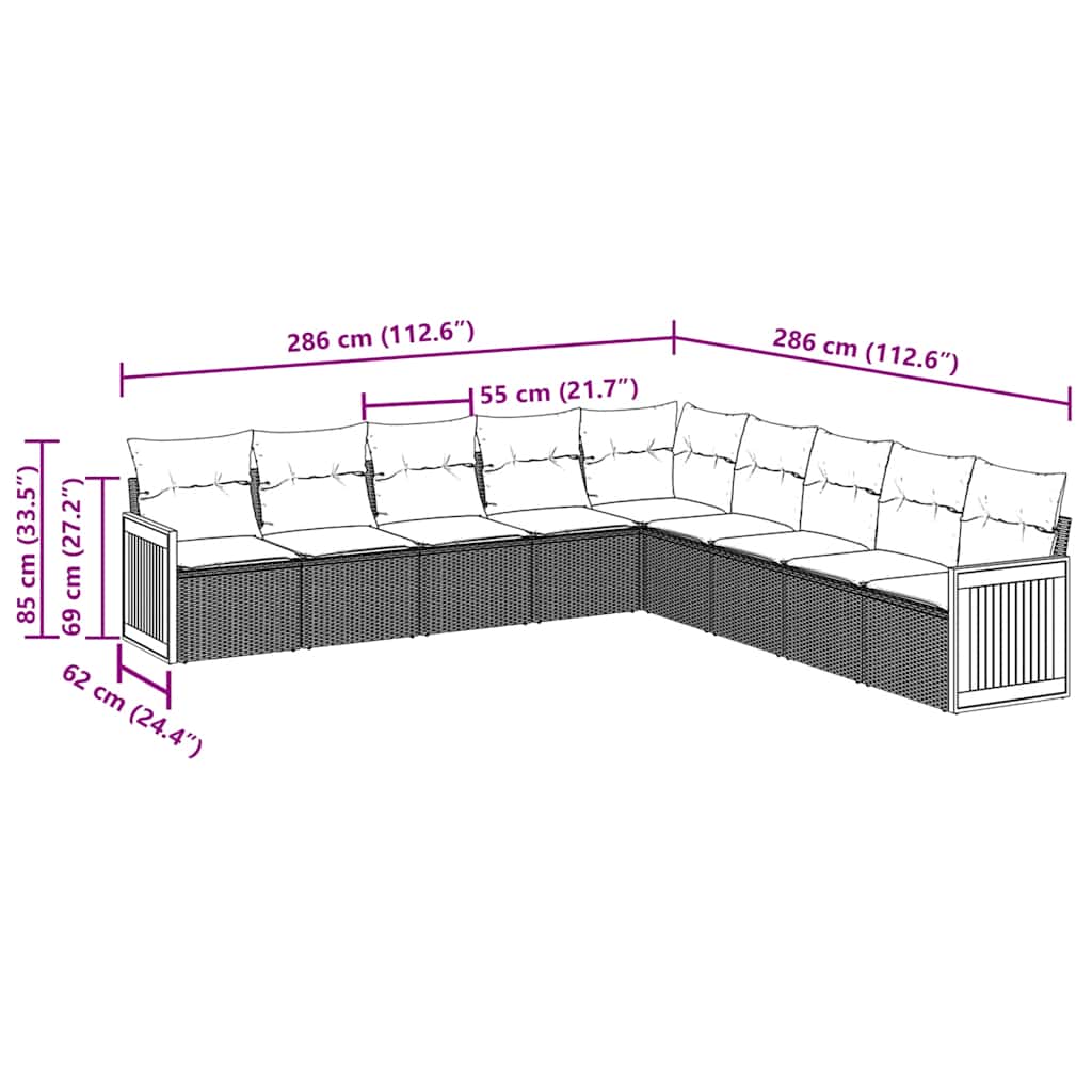 vidaXL 9-delige Loungeset met kussens poly rattan zwart afbeelding