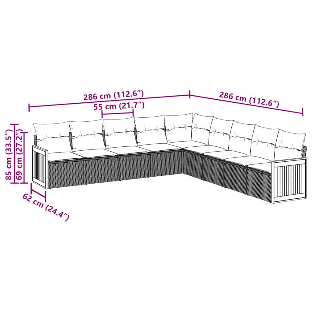 vidaXL 9-delige Loungeset met kussens poly rattan zwart afbeelding