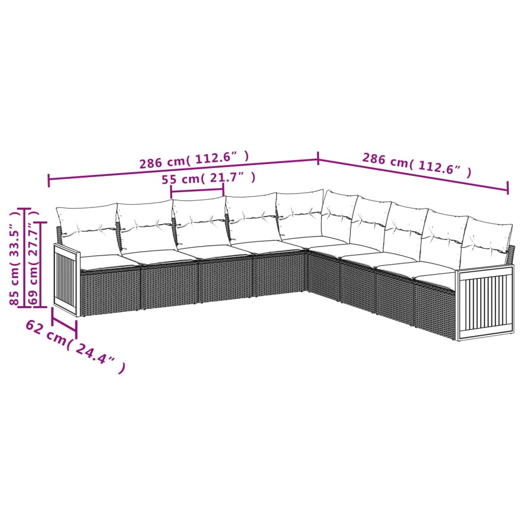 vidaXL 9-delige Loungeset met kussens poly rattan beige afbeelding
