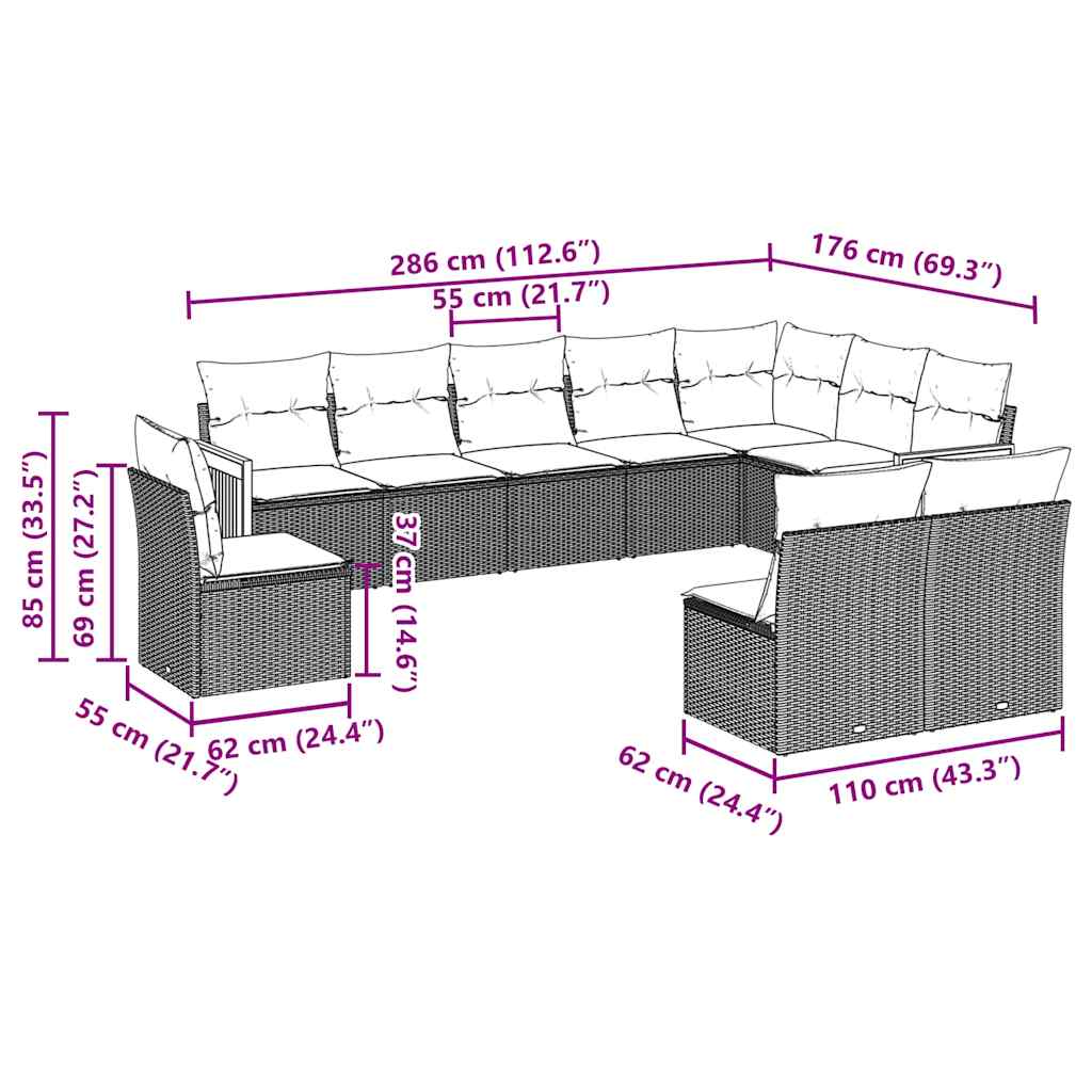vidaXL 10-delige Loungeset met kussens poly rattan zwart afbeelding