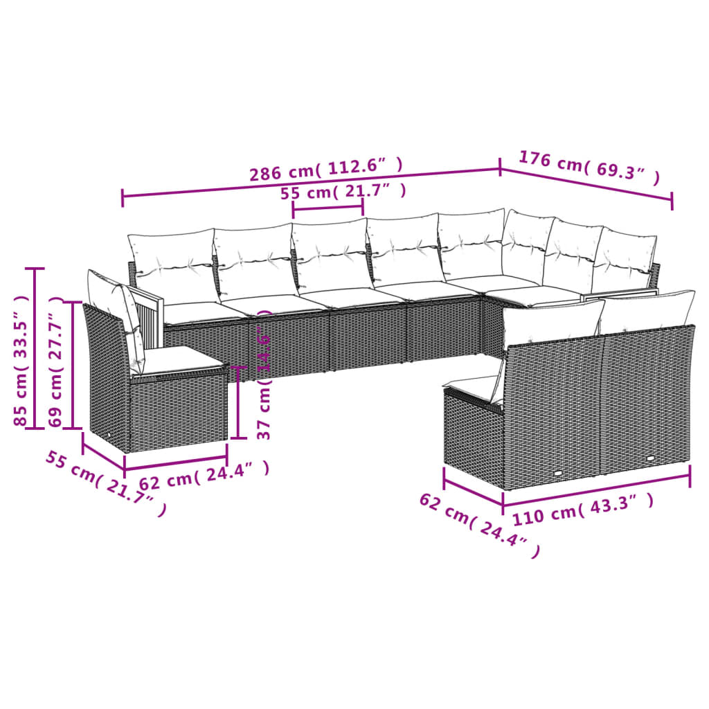 Set mobilier de grădină cu perne, 10 piese, gri, poliratan 3260156 - imagine 3