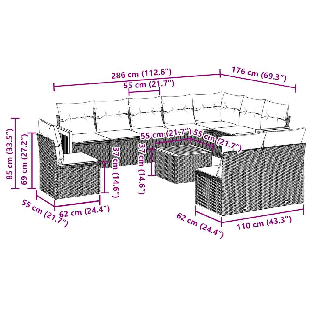 vidaXL 11-delige Loungeset met kussens poly rattan zwart afbeelding