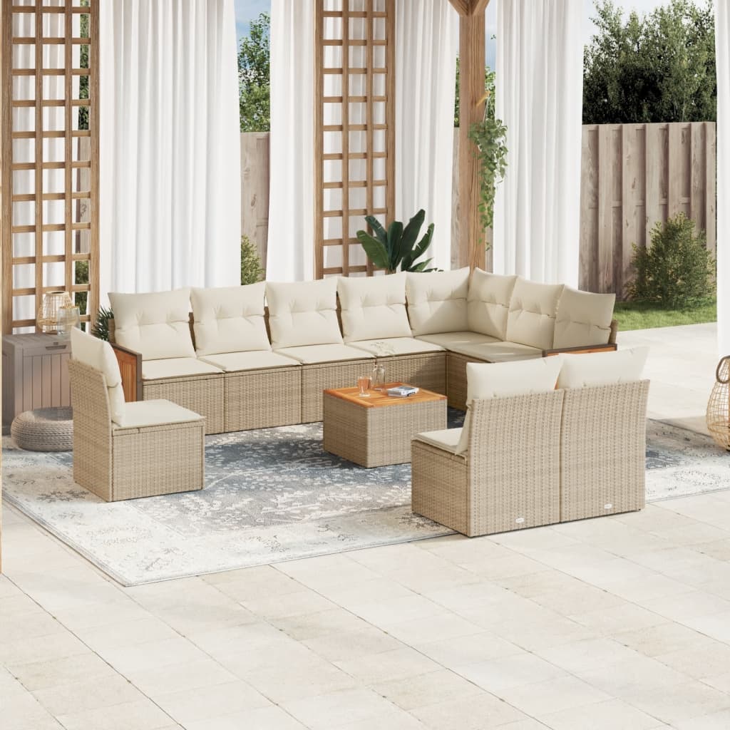 vidaXL 11-tlg. Garten-Sofagarnitur mit Kissen Beige Poly Rattan