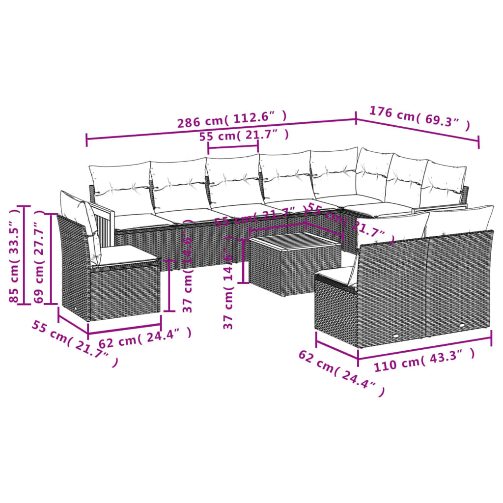 Set canapele de grădină cu perne, 11 piese, gri, poliratan 3260163 - imagine 3