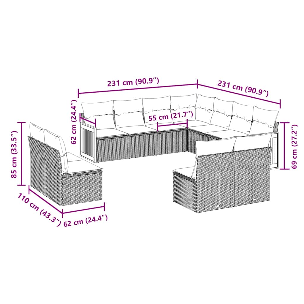 Thumbnail - vidaXL 11-tlg. Garten-Sofagarnitur mit Kissen Schwarz Poly Rattan