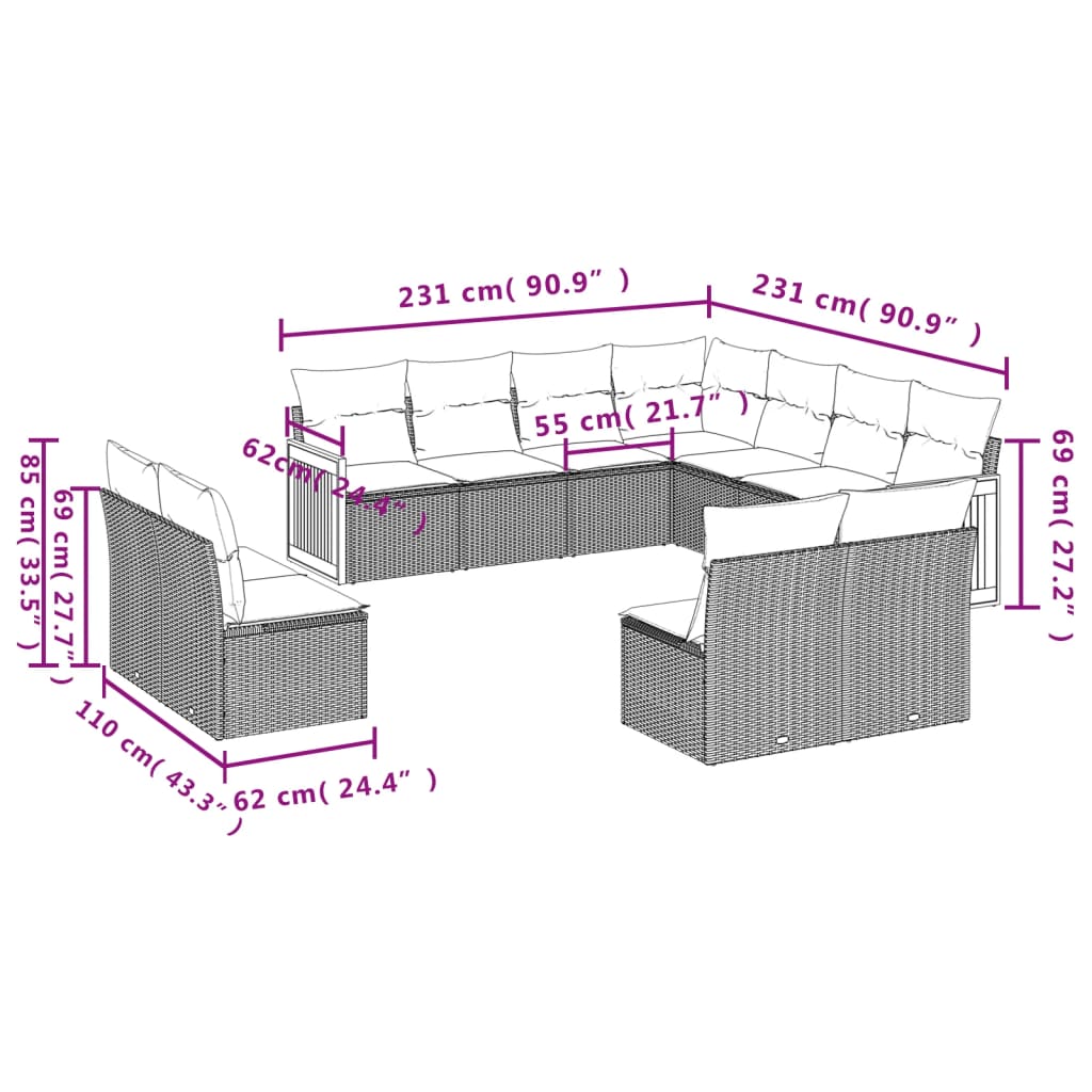 Set canapele de grădină cu perne, 11 piese, bej, poliratan 3260169 - imagine 3