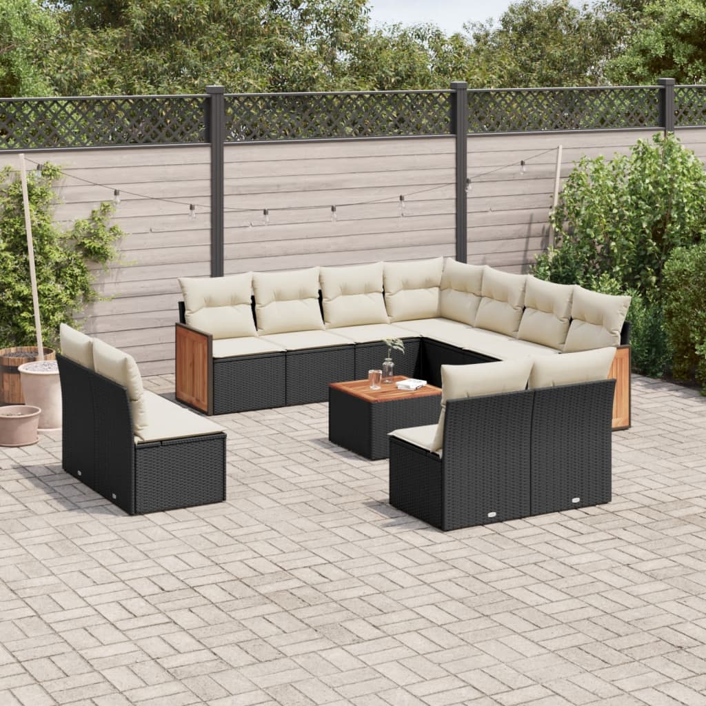 vidaXL 12-tlg. Garten-Sofagarnitur mit Kissen Schwarz Poly Rattan