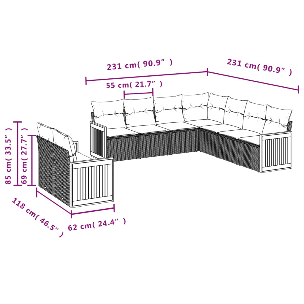 Set canapele de grădină, 9 piese, cu perne, gri, poliratan 3260184 - imagine 3