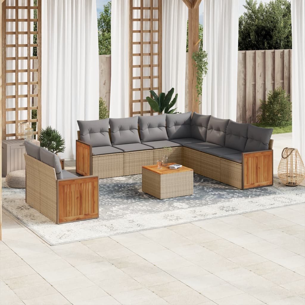 vidaXL 10-tlg. Garten-Sofagarnitur mit Kissen Beige Poly Rattan