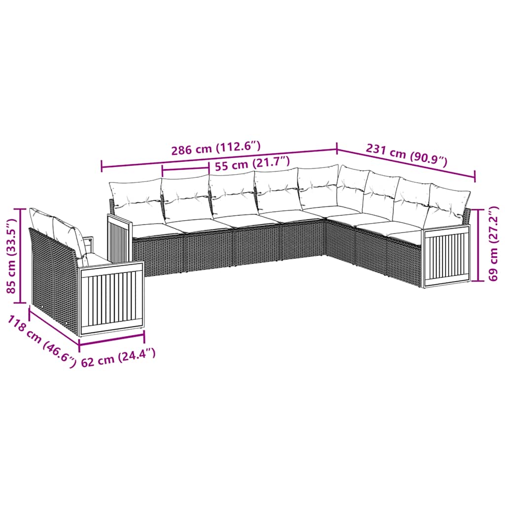 vidaXL 10-delige Loungeset met kussens poly rattan zwart afbeelding