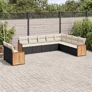 Vrtna sedežna garnitura 10-delna z blazinami črn poli ratan