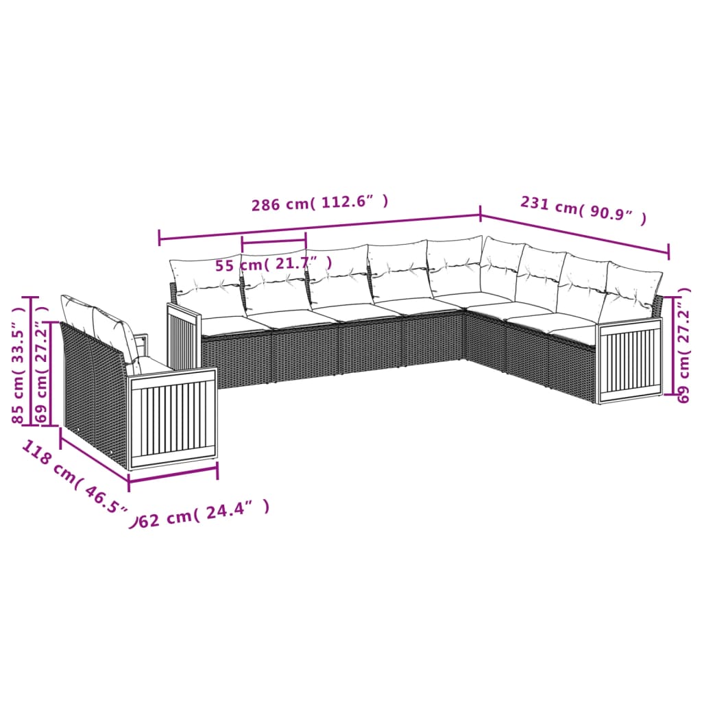 Set mobilier de grădină cu perne, 10 piese, gri, poliratan 3260198 - imagine 3