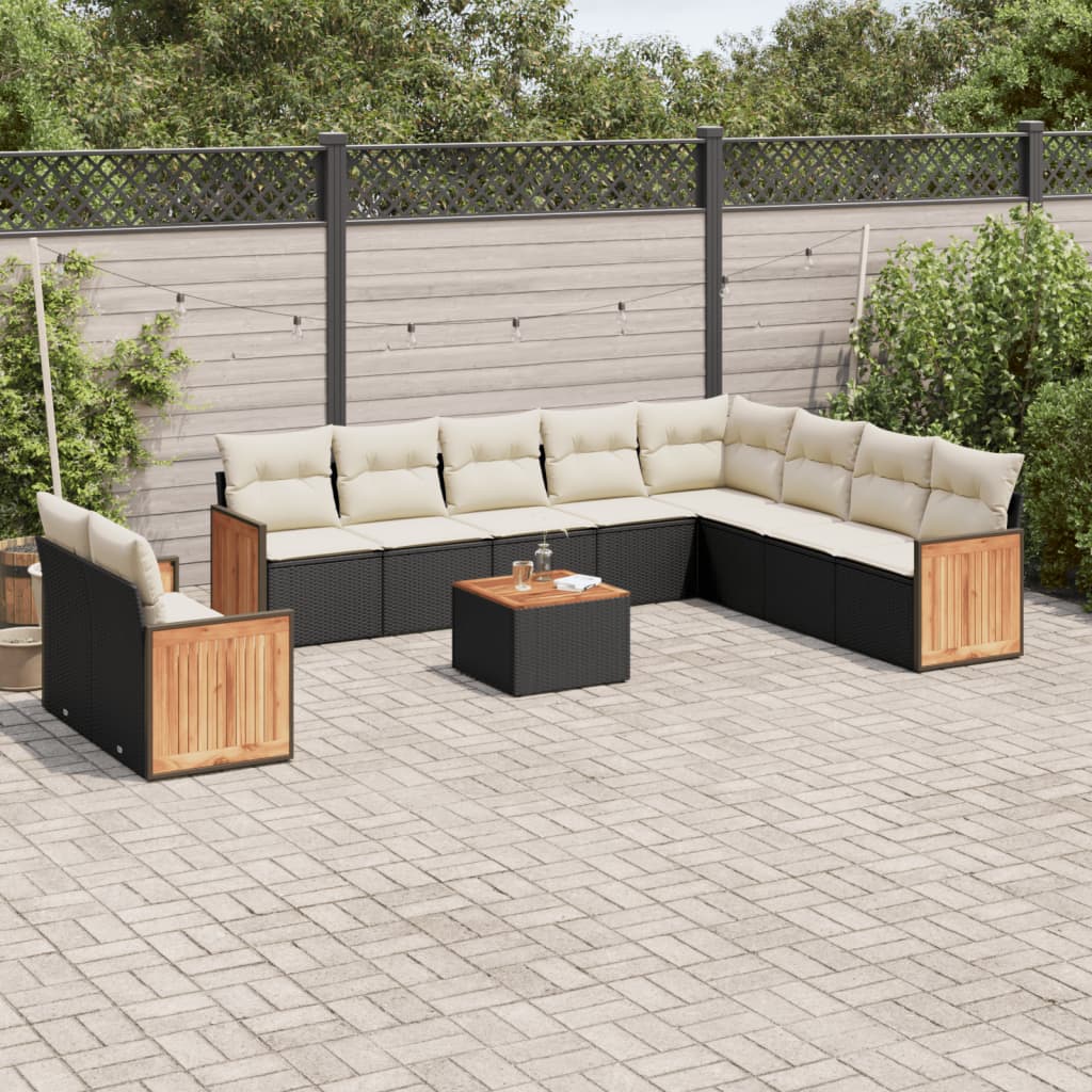 vidaXL 11-tlg. Garten-Sofagarnitur mit Kissen Schwarz Poly Rattan