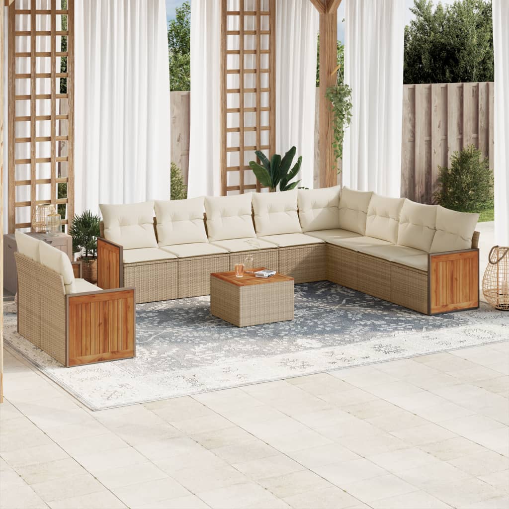 vidaXL 11-tlg. Garten-Sofagarnitur mit Kissen Beige Poly Rattan