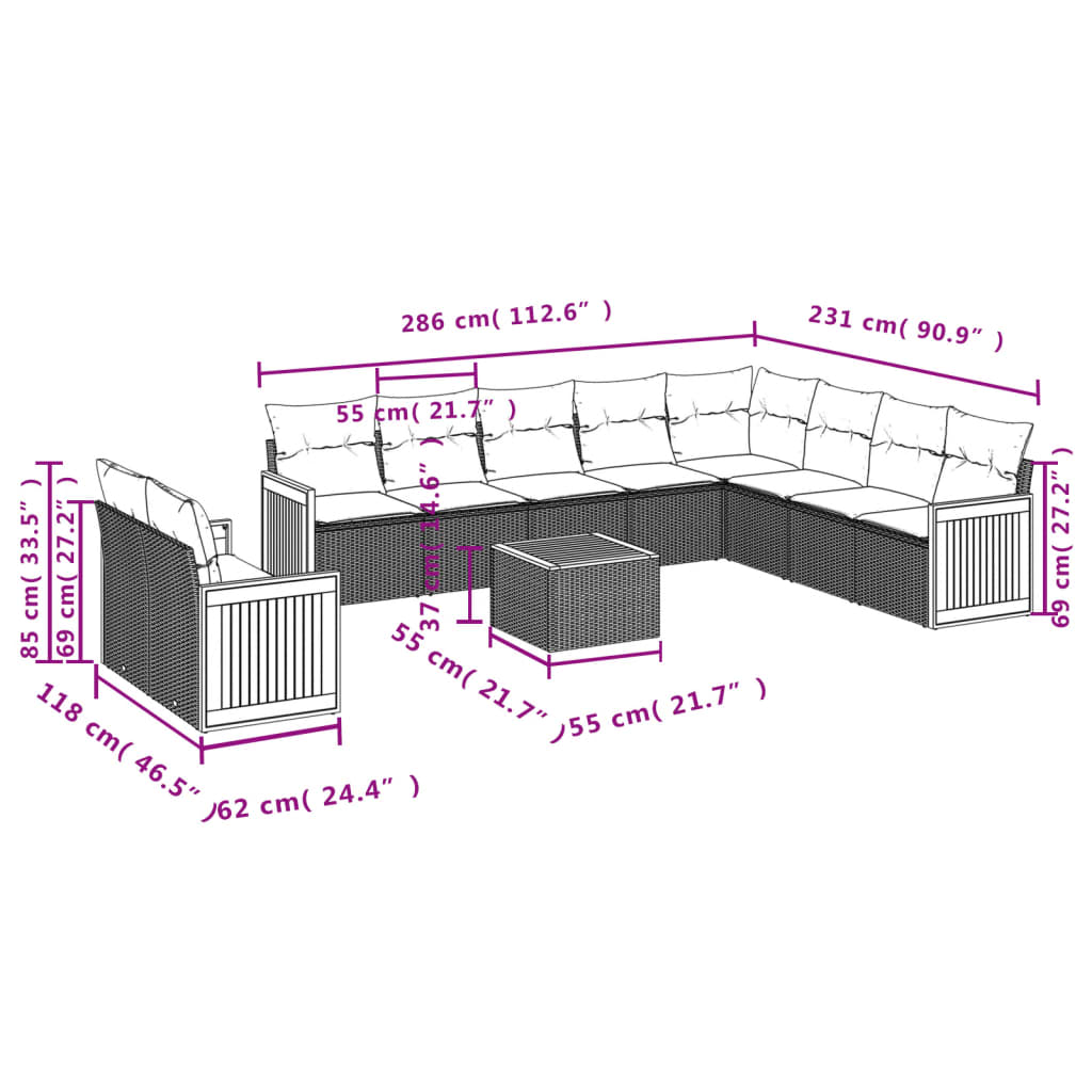 Set canapele de grădină cu perne, 11 piese, gri, poliratan 3260205 - imagine 3